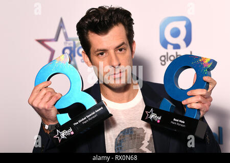 Mark Ronson gewinnt die besten männlichen und weltweite Special Award der Global Awards 2019 mit sehr.co.uk am Londoner Eventim Apollo Hammersmith statt. Stockfoto