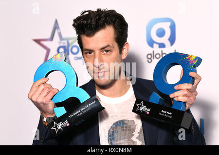 Mark Ronson gewinnt die besten männlichen und weltweite Special Award der Global Awards 2019 mit sehr.co.uk am Londoner Eventim Apollo Hammersmith statt. Stockfoto