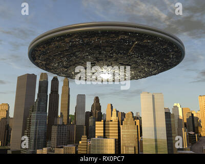 Große UFO über eine Stadt Stockfoto