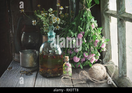 Clover Tinktur oder Infusion, ätherisches Öl Flasche und Heilpflanzen Trauben in der Nähe der Fenster innerhalb der retro Haus im Dorf. Die Kräutermedizin. Stockfoto