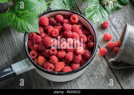 Schüssel voller Himbeeren und rustikalen Tasse mit verstreuten reife Beeren. Ansicht von oben. Stockfoto