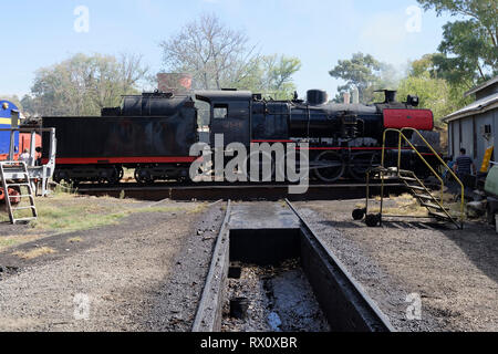 Der J549 das brennende Öl, Dampflok 1954 gebaut von der Britischen Lokomotive builder Vulcan Gießerei beschränkt, Maldon Bahnhof, Victoria, Austra Stockfoto