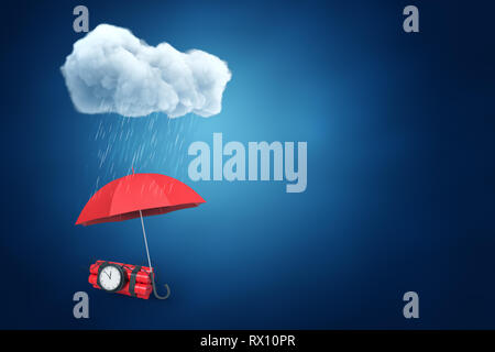3D-Rendering von einem Regenschirm zum Schutz der Bündel von Dynamit mit einer Zeitbombe aus dem Regen, mit viel Kopie Platz gelassen. Stockfoto