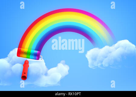 3D-Rendering von Rainbow mit farbroller in blauer Himmel mit beiden Enden in weißen Wolken bemalt. Stockfoto