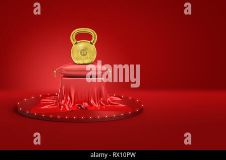 3D-Rendering von Golden kettlebell Gewicht auf roten Kissen und Standfuß mit rotem Tuch auf rotem Hintergrund Stockfoto