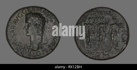 Sesterz (Münze) porträtiert Germanicus. Roman, in Rom geprägt. Datum: 37 AD-38, AD. Abmessungen: Durchm. 3.4 cm; 28.06 g. Bronze. Herkunft: Römische Reich. Museum: Das Chicago Art Institute. Thema: Alte römische. Stockfoto