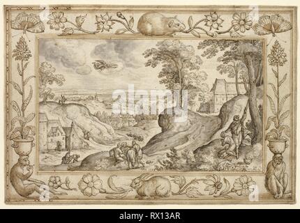 Landschaft mit der Opferung Isaaks in einem dekorativen Grenze von Pflanzen und Tieren. Hans Bol, Niederländischen, 1534-1593. Datum: 1584. Abmessungen: 145 x 212 mm. Feder und Tinte, Braun und Braun und Grau wäscht, auf Elfenbein Bütten mit einem stylue für Transfer eingeschnitten. Herkunft: Niederlande. Museum: Das Chicago Art Institute. Stockfoto