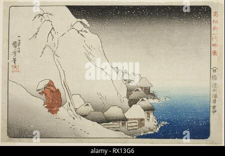 Im Schnee am Tsukahara auf Sado Island (Sashu Tsukahara setchu), aus der Serie "Prägnant illustrierte Biographie des Großen Priester [Nichiren] (Koso gehen ichidai ryakuzu)". Utagawa Kuniyoshi; Japanisch, 1797-1861. Datum: 1825-1840. Abmessungen: 23,7 x 37,3 cm (9 5/16 x 14 11/16 in.). Farbe holzschnitt; Oban. Herkunft: Japan. Museum: Das Chicago Art Institute. Stockfoto