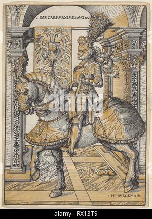 Equestrian Portrait des Kaisers Maximilian I. Hans Burgkmair der Ältere; Deutsch, 1473-1531. Datum: 1508. Abmessungen: 318 × 225 mm (Bild); 323 × 235 mm (Blatt). Von zwei Blöcke in Schwarz und Gold auf Pergament Holzschnitt. Herkunft: Deutschland. Museum: Das Chicago Art Institute. Stockfoto