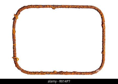 Metall- und Vintage rusty Frame auf weißem Hintergrund als Mockup oder Vorlage mit Platz für Text isoliert. Stockfoto