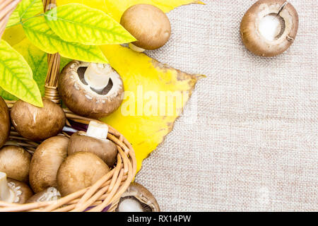 Pilze Korb mit Herbstlaub und Leinen Stockfoto