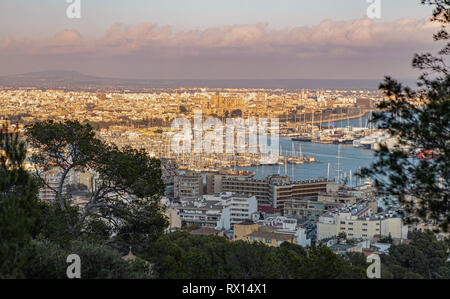 Luftaufnahme über Palma de Mallorca und die Kathedrale "La Seu" bei Sonnenuntergang Stockfoto