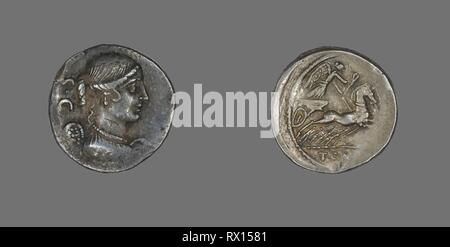 Denar (Münze), die die Göttin des Sieges. Roman. Datum: 46 BC. Abmessungen: Durchm. 1,8 cm; 3,99 g. Silber. Herkunft: Römische Reich. Museum: Das Chicago Art Institute. Thema: Alte römische. Stockfoto