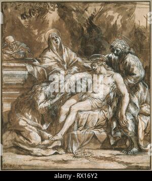 Wehklage über den Toten Christus. Pietro da Cortona; Italienisch, 1596-1669. Datum: 1635. Abmessungen: 235 x 208 mm. Feder und Tinte, braun mit Pinsel und Braun waschen, mit weißen Gouache und Spuren von Schwarze Kreide verstärkt, auf Creme Bütten, festgelegt auf braunem Papier. Herkunft: Italien. Museum: Das Chicago Art Institute. Stockfoto