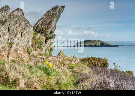 Ein Foto von Looe Island in South East Cornwall von Brücke Felsen auf der South West Coastal Path gerahmte Blick in Richtung downderry an der Küste. Stockfoto