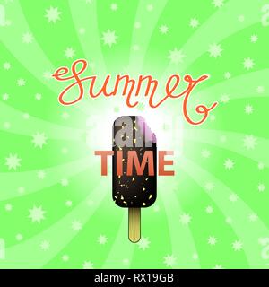 Schriftzug Sommer Text mit Eis auf Grün Swirl Starry Backgground. Hand skizziert Sommer Typographie Zeichen Stock Vektor