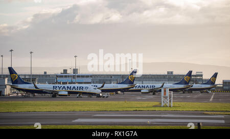 Prestwick, Großbritannien. Vom 7. März 2019. Ryanair Flugzeuge bei Prestwick an einem Frühlingsabend. Ryanair ist eine irische Low-Cost-Airline gegründet 1984, headquartere Stockfoto