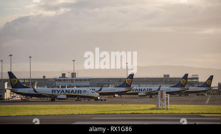 Prestwick, Großbritannien. Vom 7. März 2019. Ryanair Flugzeuge bei Prestwick an einem Frühlingsabend. Ryanair ist eine irische Low-Cost-Airline gegründet 1984, headquartere Stockfoto
