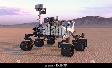 Mars Rover, robotic Space autonomes Fahrzeug auf einem verlassenen Planeten mit Bergen im Hintergrund, 3D-Rendering Stockfoto