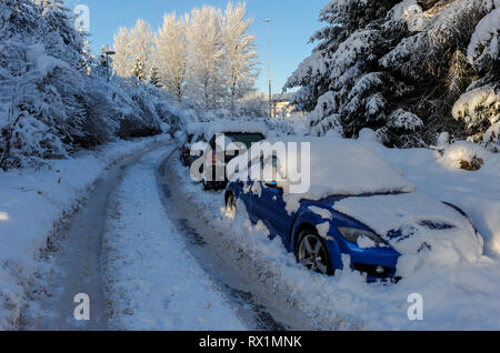 Autowracks im Schnee in der Nähe von Harthill, Schottland im Dezember 2010 abgedeckt. Stockfoto