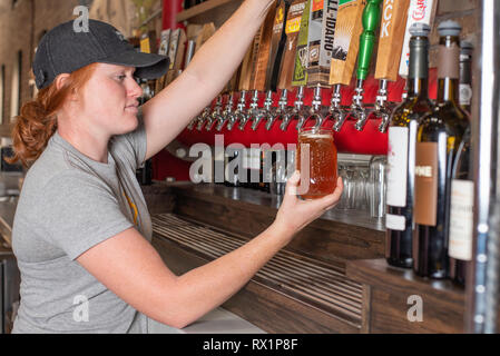 Frau gießt Bier vom Fass in das Einmachglas im Café in Twin Falls, Idaho. Stockfoto