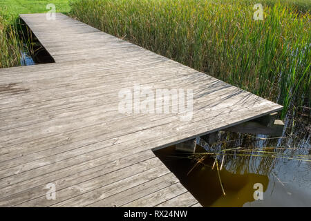 Holz- ökologischen Pfad, Fußgängerbrücke über den See. Stockfoto