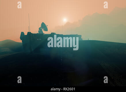 Platz Basis auf dem Mars, Misty sunset Landschaft, 3D-Darstellung Stockfoto