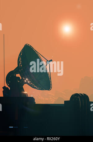 Sat-Antenne Teller hautnah. Platz Basis auf dem Mars, 3D-Darstellung Stockfoto