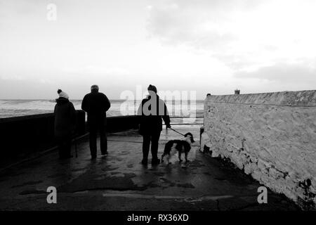 Eine Gruppe von Personen und einem Hund beobachten das Wetter und die Wellen an der Freshwater Bay auf der Isle of Wight, Großbritannien. Stockfoto