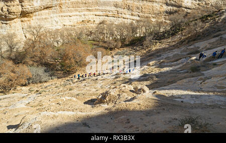 Eine Tour Gruppe beginnt die Wanderung aus dem Wadi zin Canyon bei ein avdat Park in Israel. Stockfoto