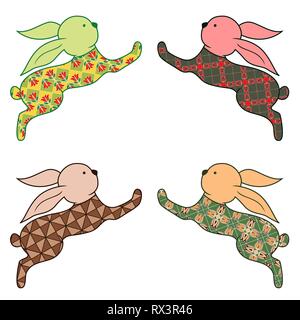 Satz von vier stilisierte buntes Osterfest springen Kaninchen auf dem weißen Hintergrund isoliert, hand Zeichnung Vector Illustration Stock Vektor