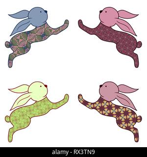 Satz von vier stilisierte buntes Osterfest springen Kaninchen auf dem weißen Hintergrund isoliert, hand Zeichnung Vector Illustration Stock Vektor