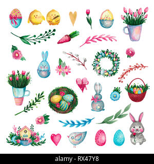 Satz von Ostern Symbole und festliche Elemente. Tiere Blumen Zweige Eier Stockfoto