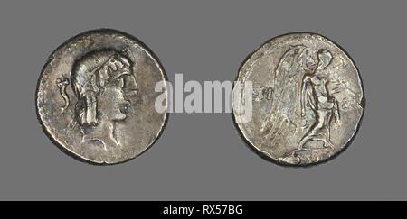 Quinarius (Münze), den Gott Apollo. Roman. Datum: 90 BC. Abmessungen: Durchm. 1.4 cm; 2.11 g. Silber. Herkunft: Römische Reich. Museum: Das Chicago Art Institute. Thema: Alte römische. Stockfoto