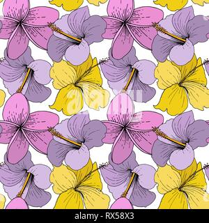 Vektor Hibiskus Blumen tropische Blumen. Graviert Tinte Kunst auf weißem Hintergrund. Nahtlose Muster. Stock Vektor