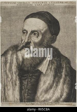 Portrait von Tizian. Agostino Carracci (Italienisch, 1557-1602); Nach einem Selbstporträt von Tizian (Italienisch, C. 1488-1576). Datum: 1587. Abmessungen: 323 x 234 mm (Bild/Seite, innerhalb der Platte Mark). Gravur auf Elfenbein Bütten. Herkunft: Italien. Museum: Das Chicago Art Institute. Stockfoto