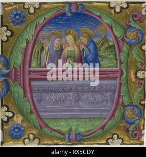 Die drei Marien am Grabe in einem Historisierte Initiale "E" aus einem Choirbook. Italienisch (Ferrara). Datum: 1470-1481. Abmessungen: 161 x 163 mm. Manuskript schneiden in Tempera und Blattgold, mit gothica textualis Inschriften in schwarz und in blau, verso, auf Pergament. Herkunft: Italien. Museum: Das Chicago Art Institute. Stockfoto