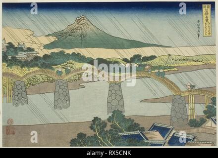 Kintai Brücke in Suo Provinz (Suo no kuni Kintaibashi), aus ungewöhnlichen Blick auf die Reihe der berühmten Brücken in verschiedenen Provinzen (Shokoku meikyo Kiran)". Katsushika Hokusai?? ??; Japanisch, 1760-1849. Datum: 1828-1839. Abmessungen: 10 x 15 in. Farbe holzschnitt; Oban. Herkunft: Japan. Museum: Das Chicago Art Institute. Stockfoto