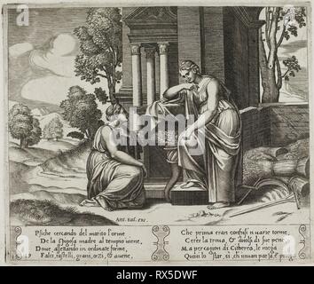 Ceres verweigert jede Unterstützung von Psyche. Meister der Sterben (Italienisch, Aktive c. 1530-1560); nach Michiel coxcie ich (Flämisch, 1499-1592); wiederum von Raffaello Sanzio inspiriert, namens Raphael (Italienisch, 1483-1520). Datum: 1530-1541. Abmessungen: 200 x 235 mm (Platte); 270 x 370 mm (Blatt). Gravur in warmen Braun Tinte auf Creme Bütten. Herkunft: Italien. Museum: Das Chicago Art Institute. Autor: Meister der sterben. Nach Michiel Coxie (I). Stockfoto