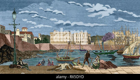 Spanien. Katalonien. Barcelona. Pier der 'Tor des Friedens'. Gravur, später Färbung. Crónica de España, Historia y Ilustrada Descriptiva de Sus Provincias. Katalonien. 1866. Stockfoto