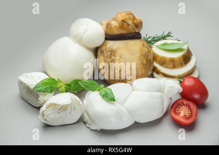 Mozzarella und Scamorza, traditionelle italienische Käse mit frischen Kräutern auf grauem Hintergrund. Stockfoto