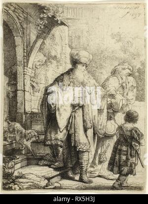 Abraham Casting, Hagar und Ismael. Rembrandt van Rijn; Niederländisch, 1606-1669. Datum: 1637. Abmessungen: 127 x 96 mm (Bild/Platte); 129 x 98 mm (Blatt). Radierung auf Papier. Herkunft: Holland. Museum: Das Chicago Art Institute. Thema: Rembrandt HARMENSZOON VAN RIJN. Stockfoto