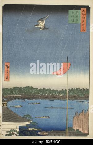 Komagata Hall und Azuma Brücke (Komagatado Azumabashi), aus der Serie "100 berühmten Ansichten von Edo (Meisho Edo hyakkei)". Utagawa Hiroshige?? ??; Japanisch, 1797-1858. Datum: 1857. Abmessungen: 36 x 24 cm (14 1/4 x 9 7/16 in.). Farbe holzschnitt; Oban. Herkunft: Japan. Museum: Das Chicago Art Institute. Stockfoto