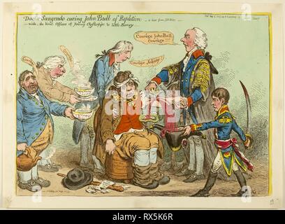 Arzt Sangrado Aushärtung John Bull von Repletion-With die Art des Büros der Jungen Clysterpipe & wenig Boney. James Gillray (Englisch, 1756-1815); von Hannah Humphrey (Englisch, c. veröffentlicht. 1745-1818). Datum: 1803. Abmessungen: 255 × 354 mm (Bild); 258 × 360 mm (Platte); 288 × 390 mm (Blatt). Handcolorierte Radierung auf Papier. Herkunft: England. Museum: Das Chicago Art Institute. Stockfoto