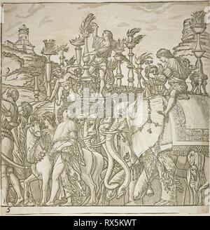 Triumph von Caesar. Andrea Andreani (Italienisch, 1558/59-1629); nach Andrea Mantegna (Italienisch, 1431-1506). Datum: 1599. Abmessungen: 380 x 378 mm (Blatt); Composite ca. 385 x 3420 mm. Chiaroscuro Holzschnitt aus vier Blocks in Schwarz und hell, mittel und dunkel grünlich grau auf weißem Bütten. Herkunft: Italien. Museum: Das Chicago Art Institute. Stockfoto