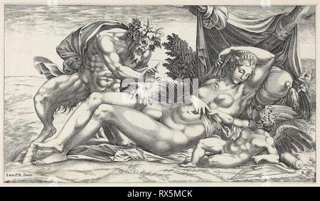 Jupiter und Antiope. René Boyvin (Französisch, C. 1525 - nach 1580); nach Luca Penni (Italienisch, 1500/04-2585). Datum: 1550-1559. Abmessungen: 162 × 286 mm (Bild); 166 × 288 mm (Blatt); 252 × 367 mm (sekundäre) unterstützen. Gravur auf Elfenbein Bütten, Elfenbein Bütten montiert. Herkunft: Frankreich. Museum: Das Chicago Art Institute. Stockfoto