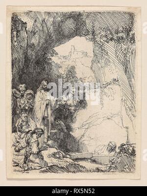 Die Auferweckung des Lazarus: kleine Platte. Rembrandt van Rijn; Niederländisch, 1606-1669. Datum: 1642. Abmessungen: 147 x 113 mm (Bild/Platte); 156 x 122 mm (Blatt). Ätzen in Schwarz auf Elfenbein Bütten. Herkunft: Holland. Museum: Das Chicago Art Institute. Thema: Rembrandt HARMENSZOON VAN RIJN. Stockfoto