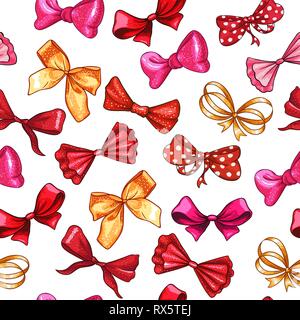 Bug Hand gezeichnet Vektor nahtlose Muster. Golden Gradient, Rot, Pink Ribbon Knoten Abbildung. Geschenk bowknots Zeichnung. Isolierte Haarfarbe Zubehör clipart. Urlaub Geschenkpapier, textile Design Stock Vektor