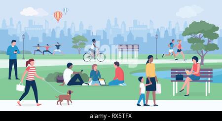 Glückliche Menschen genießen im Park, Sport, Entspannung und anschließen Stock Vektor