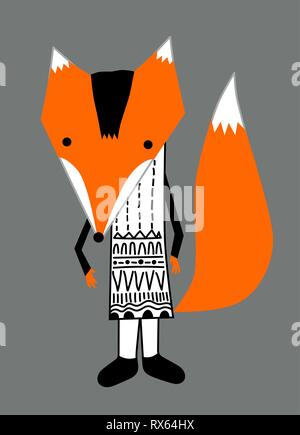 Orange Fox in Schwarz-weiß Grafik kleid Hand gezeichneten Charakter Stock Vektor